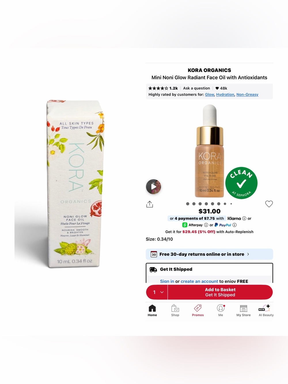 Kora Organics Noni Glow Face Oil 0.34 fl oz. NIB!